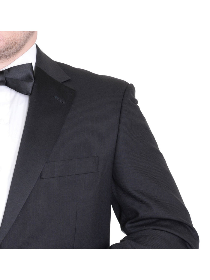 Silvio Breciani Mens Black Tonal Striped Two Button Wool Tuxedo Tux Suit - The Suit Depot