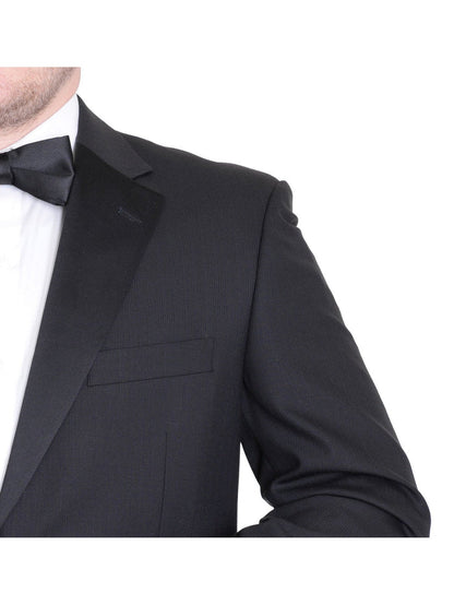 Silvio Breciani Mens Black Tonal Striped Two Button Wool Tuxedo Tux Suit - The Suit Depot