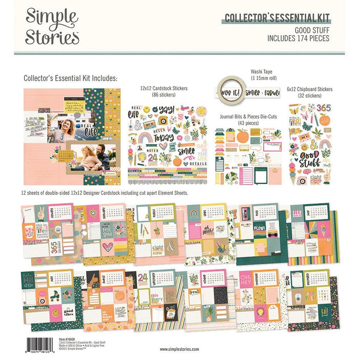 Simple Stories - Collector's Essential Kit 12"X12" - Good Stuff. Make your scrapbooking project stand out! This package contains 12 sheets of double-sided 12x12 Designer Cardstock including cut apart Journal, Tags and Element Sheets and a 12x12 Cardstock Sticker Sheet (86), Journal Bits (43), 6x12 Chipboard (32), Washi Tape (1). Acid and lignin free. Made in USA. Available at Embellish Away located in Bowmanville Ontario Canada.