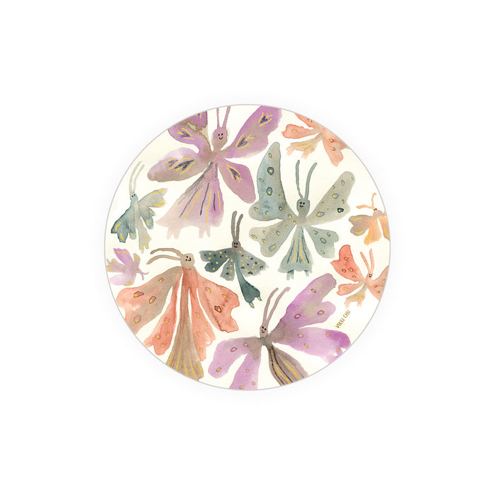 Round coaster with watercolor butterfly print, light cream background