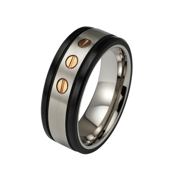 Sleek Carbon Fiber &amp; Stainless Steel Ring with Gold Accents