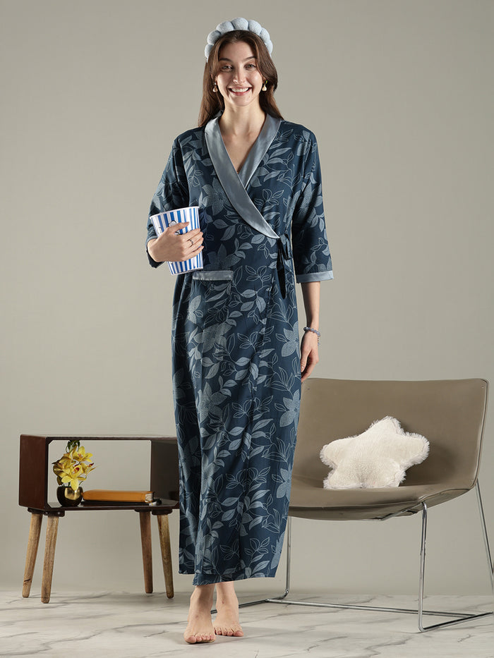 Teal blue soft floral trendy house Coat for women in viscose blend