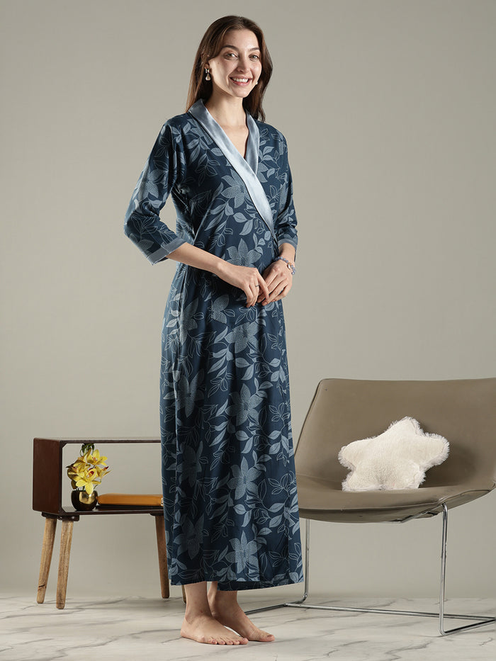Teal blue soft floral trendy house Coat for women in viscose blend