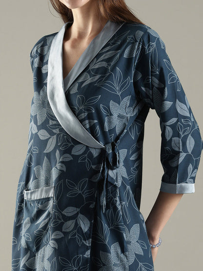 Teal blue soft floral trendy house Coat for women in viscose blend