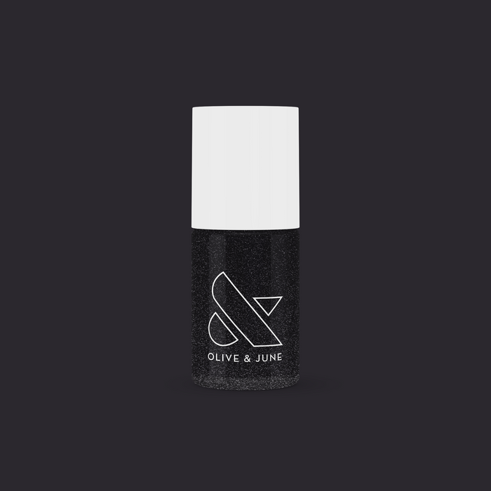SPACEY bottle showing intergalactic black shimmer quick-dry gel polish with long-lasting manicure finish