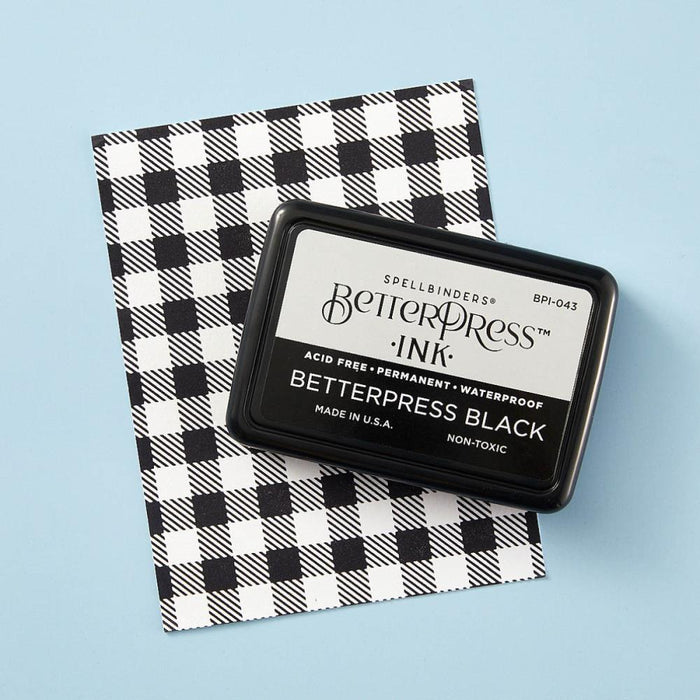 Spellbinders - BetterPress Ink Pad - Full Size - Black. BetterPress Black Standard Ink Pad is specially formulated Ranger Archival Ink made for the BetterPress Letterpress System. Available at Embellish Away located in Bowmanville Ontario Canada.