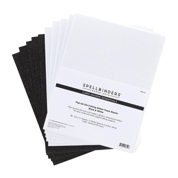 Spellbinders - Glitter Foam Sheets 8.5"X11" - 10/Pkg - Black & White. Pop-Up Die Cutting Glitter Foam Sheets Black & White is a pack of 10 EVA foam sheets. It includes five sheets each of Glitter Black and Glitter White. Available at Embellish Away located in Bowmanville Ontario Canada.