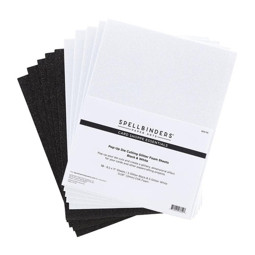 Spellbinders - Glitter Foam Sheets 8.5"X11" - 10/Pkg - Black & White. Pop-Up Die Cutting Glitter Foam Sheets Black & White is a pack of 10 EVA foam sheets. It includes five sheets each of Glitter Black and Glitter White. Available at Embellish Away located in Bowmanville Ontario Canada.
