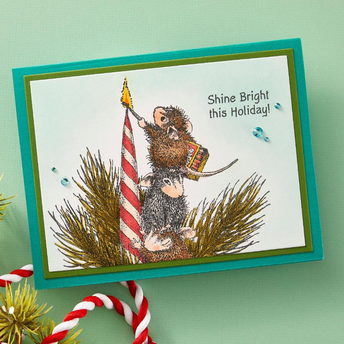 House Mouse - Cling Rubber Stamp - Holiday Glow. Holiday Glow Cling Rubber Stamp is from the House-Mouse Holiday Friends Collection. Mudpie, Maxwell and Amanda are helping light the candle for the holidays. Available at Embellish Away located in Bowmanville Ontario Canada. Example by brand ambassador.