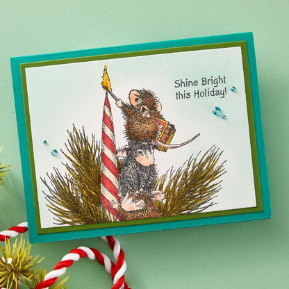 House Mouse - Cling Rubber Stamp - Holiday Glow. Holiday Glow Cling Rubber Stamp is from the House-Mouse Holiday Friends Collection. Mudpie, Maxwell and Amanda are helping light the candle for the holidays. Available at Embellish Away located in Bowmanville Ontario Canada. Example by brand ambassador.