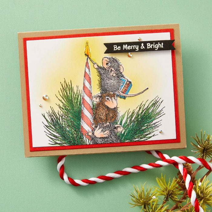 House Mouse - Cling Rubber Stamp - Holiday Glow. Holiday Glow Cling Rubber Stamp is from the House-Mouse Holiday Friends Collection. Mudpie, Maxwell and Amanda are helping light the candle for the holidays. Available at Embellish Away located in Bowmanville Ontario Canada. Example by brand ambassador.