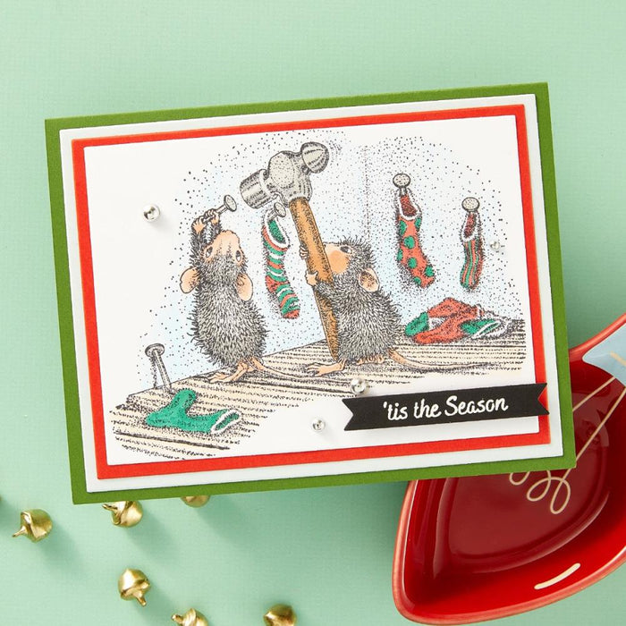 House Mouse - Cling Rubber Stamp - Merry Little Christmas. Merry Little Christmas Cling Rubber Stamp is part of the House-Mouse Holiday Friends Collection. Mudpie and Amanda are getting ready for Santas arrival by hanging stocks! Available at Embellish Away located in Bowmanville Ontario Canada. Example by brand ambassador.