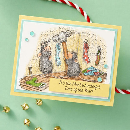 House Mouse - Cling Rubber Stamp - Merry Little Christmas. Merry Little Christmas Cling Rubber Stamp is part of the House-Mouse Holiday Friends Collection. Mudpie and Amanda are getting ready for Santas arrival by hanging stocks! Available at Embellish Away located in Bowmanville Ontario Canada. Example by brand ambassador.