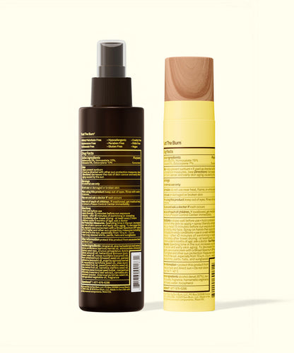 Back view of Sun Bum SPF 15 Tanning Oil + Mist 45 bottles showing ingredient and usage information labels.