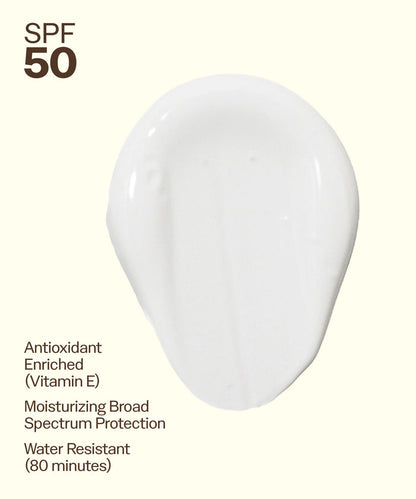 Sun Bum SPF 50 Spray + Lotion swatch showing moisturizing, antioxidant enriched, and water resistant broad spectrum protection.