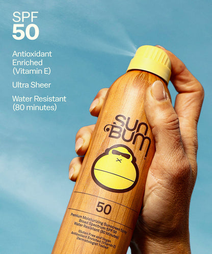 Hand spraying Sun Bum SPF 50 Spray + Lotion sunscreen with water-resistant, antioxidant-enriched formula visible on blue sky background