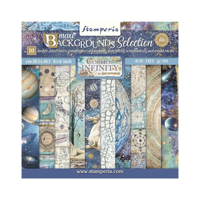 Stamperia - Backgrounds Double-Sided Paper Pad 8"X8" - 10/Pkg - Cosmos Infinity. This package includes 10 Designs/1 Each. Available at Embellish Away located in Bowmanville Ontario Canada.