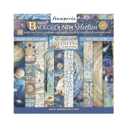 Stamperia - Backgrounds Double-Sided Paper Pad 8"X8" - 10/Pkg - Cosmos Infinity. This package includes 10 Designs/1 Each. Available at Embellish Away located in Bowmanville Ontario Canada.