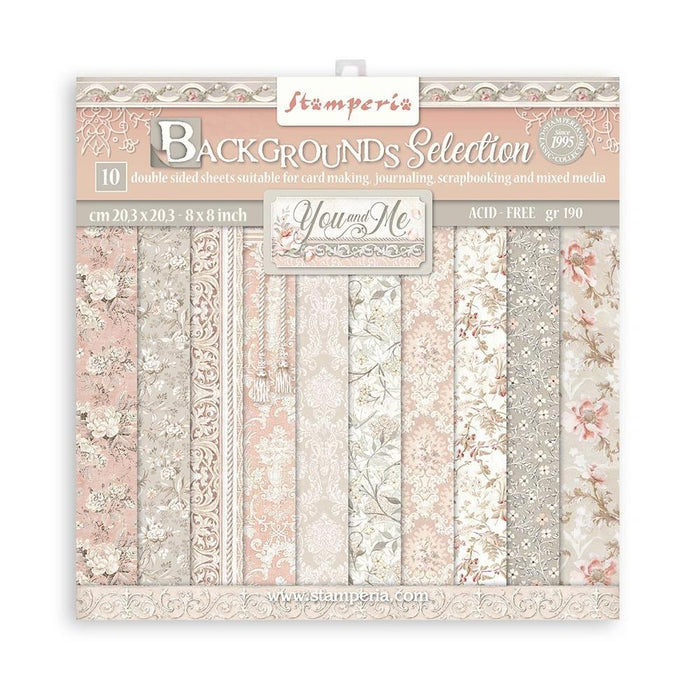 Stamperia - Backgrounds Double-Sided Paper Pad 8"X8" - 10/Pkg - You And Me - 10 Designs/1 Each. Available at Embellish Away located in Bowmanville Ontario Canada.
