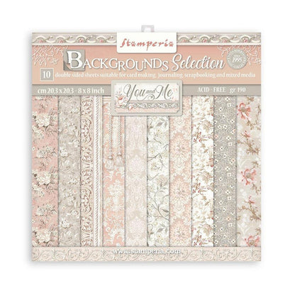 Stamperia - Backgrounds Double-Sided Paper Pad 8"X8" - 10/Pkg - You And Me - 10 Designs/1 Each. Available at Embellish Away located in Bowmanville Ontario Canada.