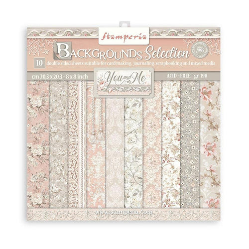 Stamperia - Backgrounds Double-Sided Paper Pad 8"X8" - 10/Pkg - You And Me - 10 Designs/1 Each. Available at Embellish Away located in Bowmanville Ontario Canada.