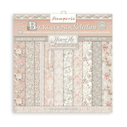 Stamperia - Backgrounds Double-Sided Paper Pad 8"X8" - 10/Pkg - You And Me - 10 Designs/1 Each. Available at Embellish Away located in Bowmanville Ontario Canada.