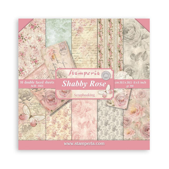 Stamperia - Double-Sided paper Pad 8"X8" - 10/Pkg - Shabby Rose. The perfect start to cards, scrapbooks, cards and more! This package contains ten 8x8 inch double-sided sheets with a different design on each side. Imported. Available at Embellish Away located in Bowmanville Ontario Canada.
