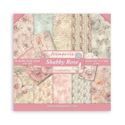 Stamperia - Double-Sided paper Pad 8"X8" - 10/Pkg - Shabby Rose. The perfect start to cards, scrapbooks, cards and more! This package contains ten 8x8 inch double-sided sheets with a different design on each side. Imported. Available at Embellish Away located in Bowmanville Ontario Canada.