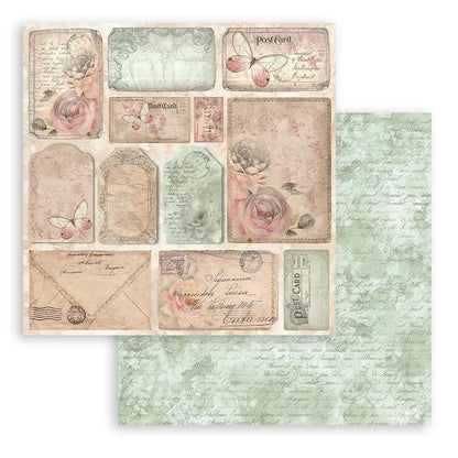 Stamperia - Double-Sided paper Pad 12"X12" - 10/Pkg - Shabby Rose. Available in a variety of designs, each sold separately. Contains ten sheets of 12x12 inch sheets of double sided paper, each with a different design. Acid free. Available at Embellish Away located in Bowmanville Ontario Canada.