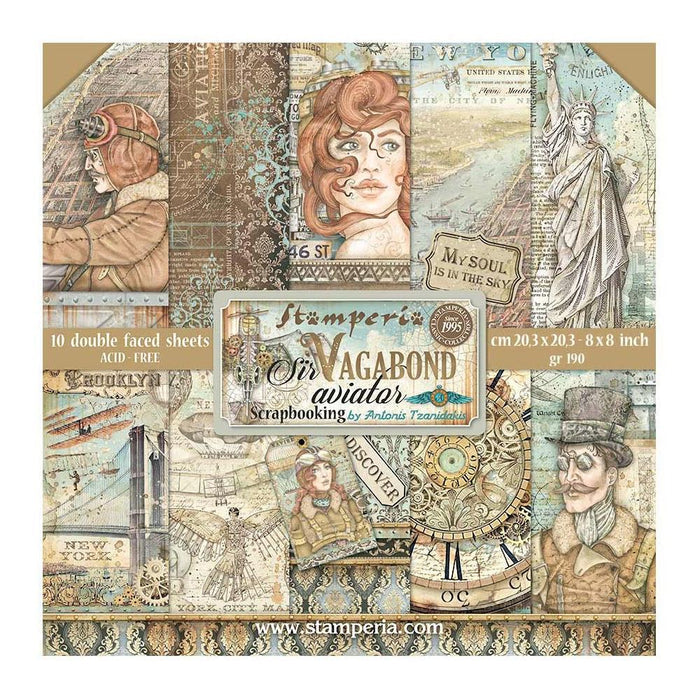 Stamperia - Double-Sided Paper Pad 8"X8" - 10/Pkg - Sir Vagabond Aviator - 10 Designs/1 Each. Available at Embellish Away located in Bowmanville Ontario Canada.