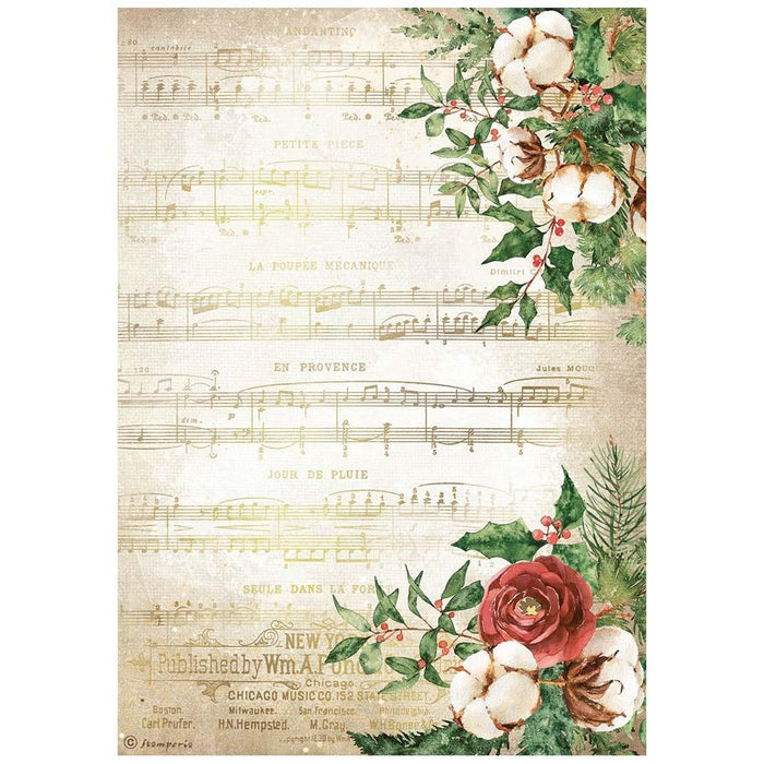 Stamperia - Rice Paper Sheet A4 - Music - Home For The Holidays. Available at Embellish Away located in Bowmanville Ontario Canada.