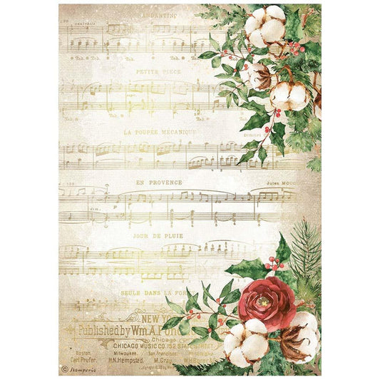 Stamperia - Rice Paper Sheet A4 - Music - Home For The Holidays. Available at Embellish Away located in Bowmanville Ontario Canada.
