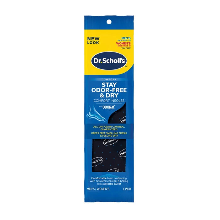 Dr. Scholl's odor-control insole package, blue with yellow label