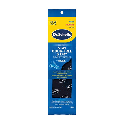 Dr. Scholl's odor-control insole package, blue with yellow label