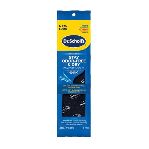 Dr. Scholl's odor-control insole package, blue with yellow label