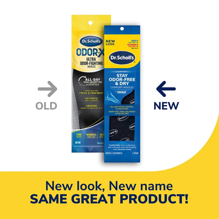 Dr. Scholl's insole package showing old vs new design, blue and yellow