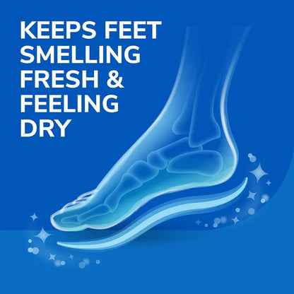 Blue promo graphic of a shoe insole for odor control and dry comfort