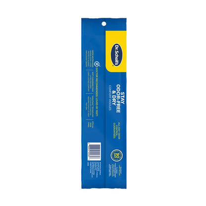 Dr. Scholl's insole package back, blue with yellow top label