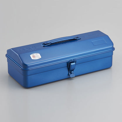 Blue steel toolbox with top handle and camber lid, metal latch closures
