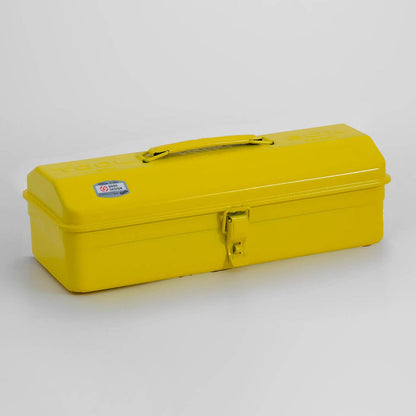 Yellow steel toolbox with top handle and camber lid, metal latch closure