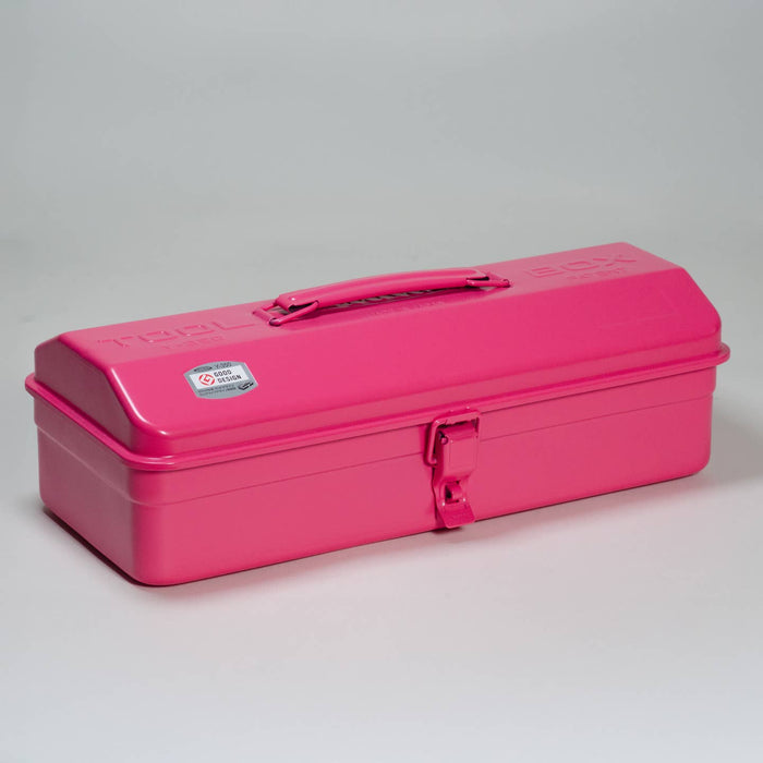 Pink steel toolbox with top handle and camber lid, front metal latch closure