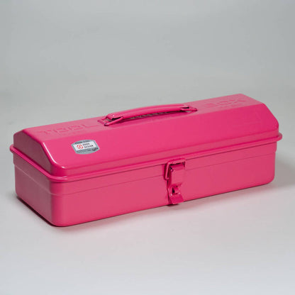 Pink steel toolbox with top handle and camber lid, front metal latch closure