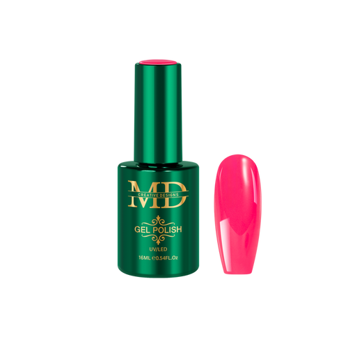 Green gel polish bottle with pink nail tip color swatch on a white background
