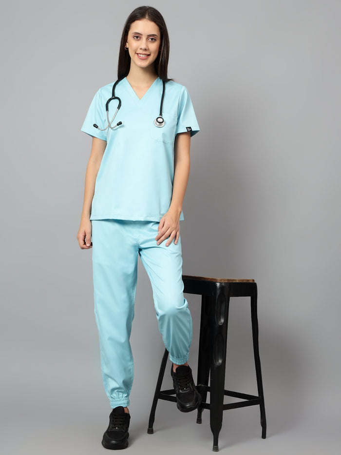 Stretchable (2Way) Women Aqua Blue V-Neck With Jogger Scrub Set