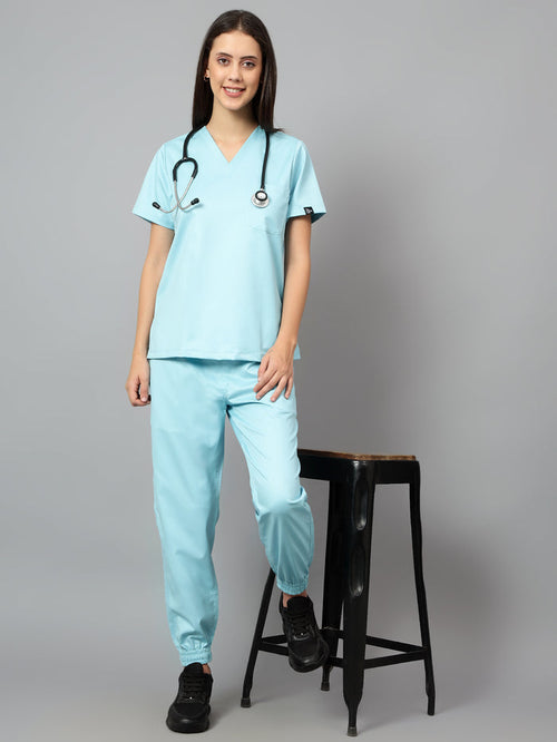 Stretchable (2Way) Women Aqua Blue V-Neck With Jogger Scrub Set