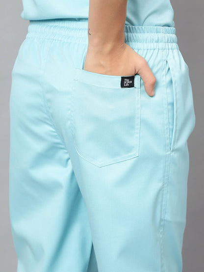 Stretchable (2Way) Women Aqua Blue V-Neck With Jogger Scrub Set