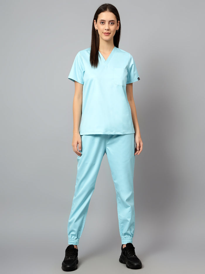 Stretchable (2Way) Women Aqua Blue V-Neck With Jogger Scrub Set