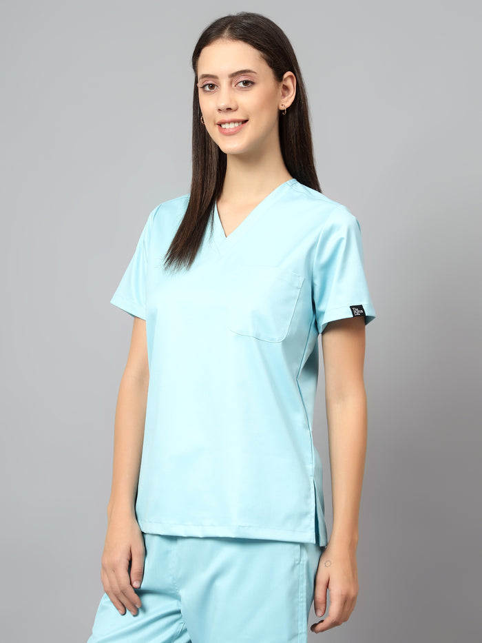 Stretchable (2Way) Women Aqua Blue V-Neck With Jogger Scrub Set