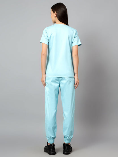 Stretchable (2Way) Women Aqua Blue V-Neck With Jogger Scrub Set