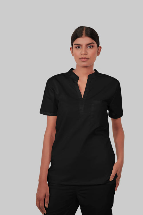 Stretchable (2Way) Women Black Mandarin Neck With Jogger Scrub Set